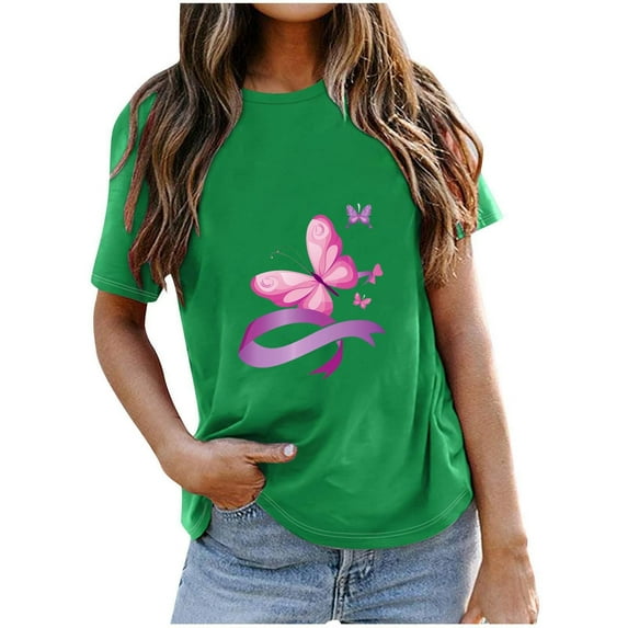 CLOISE Breast Cancer Shirts for Women Short Sleeve Round Neck T Shirts Butterfly Ribbon Pink Breast Cancer Awareness Blouses Trendy Loose Tops Cancer Fight Fall Clothes Green XL