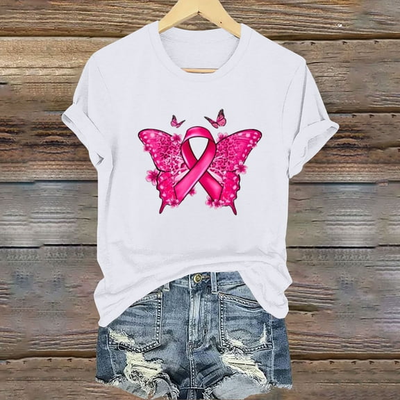 CLOISE Breast Cancer Shirts for Women Short Sleeve Round Neck T Shirts Butterfly Ribbon Pink Breast Cancer Survivor Gifts Blouses Trendy Comfort Tops Cancer Support Fall Clothes White 2XL