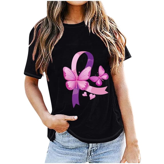 CLOISE Breast Cancer Shirts for Women Short Sleeve Round Neck T Shirts Butterfly Ribbon Pink Breast Cancer Survivor Gifts Blouses Trendy Loose Tops Cancer Support Fall Clothes Black XL