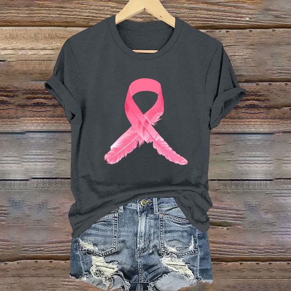 CLOISE Breast Cancer Shirts for Women Short Sleeve Round Neck T Shirts Ribbon Pink Breast Cancer Awareness Blouses Trendy Comfort Tops Cancer Fight Fall Clothes Gray 2XL