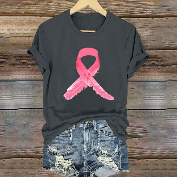 CLOISE Breast Cancer Shirts for Women Short Sleeve Round Neck T Shirts Ribbon Pink Breast Cancer Awareness Blouses Trendy Comfort Tops Cancer Fight Fall Clothes Gray 2XL