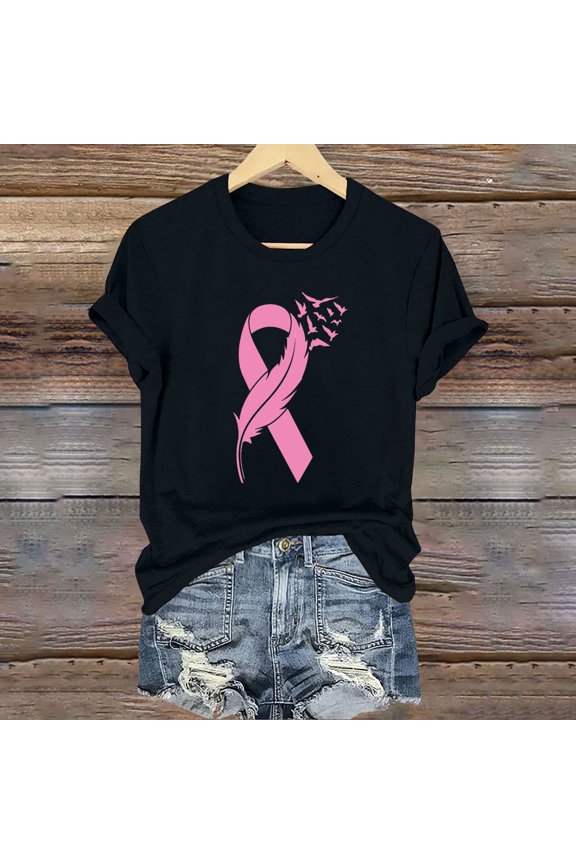 Breast Cancer Shirts for Women Short Sleeve Round Neck T Shirts Ribbon Pink Breast Cancer Awareness Blouses Trendy Loose Tops Cancer Fight Fall Clothes Black XL
