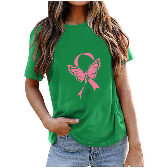 CLOISE Breast Cancer Shirts for Women Short Sleeve Round Neck T Shirts Ribbon Pink Breast Cancer Survivor Gifts Blouses Trendy Comfortable Tops Cancer Support Fall Clothes Green M