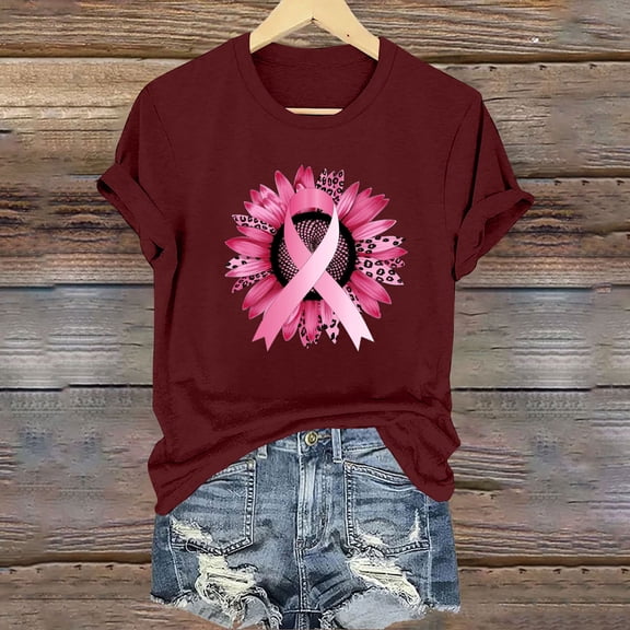 CLOISE Breast Cancer Shirts for Women Short Sleeve Round Neck T Shirts Sunflower Ribbon Pink Breast Cancer Survivor Gifts Blouses Trendy Casual Tops Cancer Support Fall Clothes Wine S