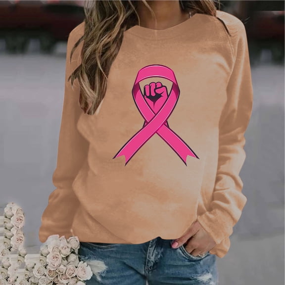 CLOISE Breast Cancer Sweatshirts for Women Breast Cancer Survivor Gifts Sweatshirt Fist Ribbon Pink Round Neck Long Sleeve Tops Cancer Support Hoodie Casual Pullover Shirts Clothes Khaki S