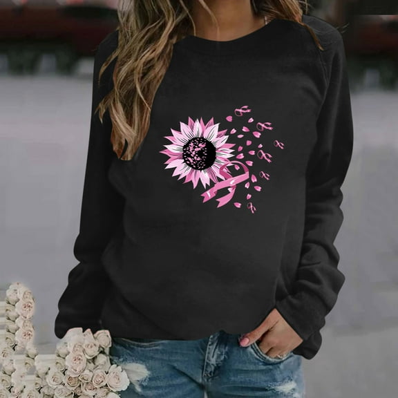 CLOISE Breast Cancer Sweatshirts for Women Breast Cancer Survivor Gifts Sweatshirt Floral Ribbon Pink Crewneck Long Sleeve Tops Cancer Support Hoodie Casual Pullover Shirts Fall Clothes Black M