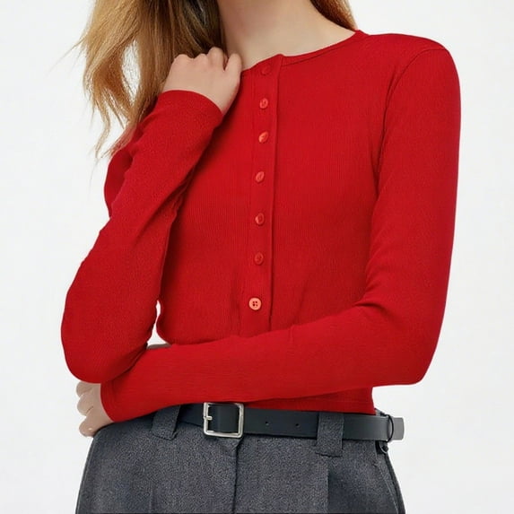 CLOISE Business Casual Tops for Women Crew Neck Shirt Solid Color Long Sleeve Pullover Casual Fall Winter Clothes Red XL