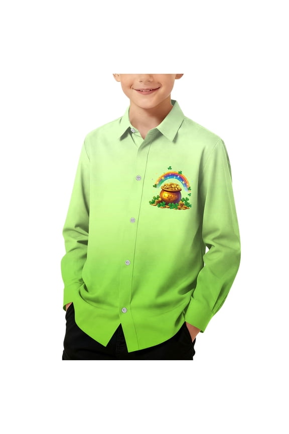 Button down Shirt Boys Girls St Patricks Day Long Sleeve School Uniform with Collar Gradient Tops Slim Lightweight Going Out Clothes