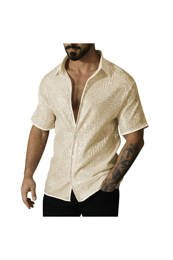 Button down Shirt Men Big and Tall Short Sleeve Sequin Tops Collared Casual Pullover Solid Color Summer Blouses Gold