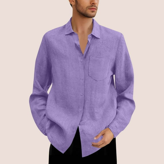 CLOISE Button down Shirt Men Long Sleeve Big and Tall Tops with Pockets Collared Business Pullover Solid Color Blouses Pink