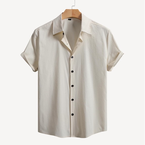 CLOISE Button down Shirt Men Short Sleeve Big and Tall Tops Collared Casual Pullover Solid Color Oversized Summer Blouses Beige