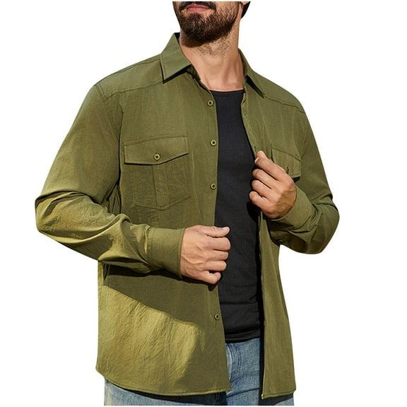 CLOISE Button down Shirt Men with Pockets Collared Tops Solid Color Long Sleeve Pullover Vacation Clothes Army Green M