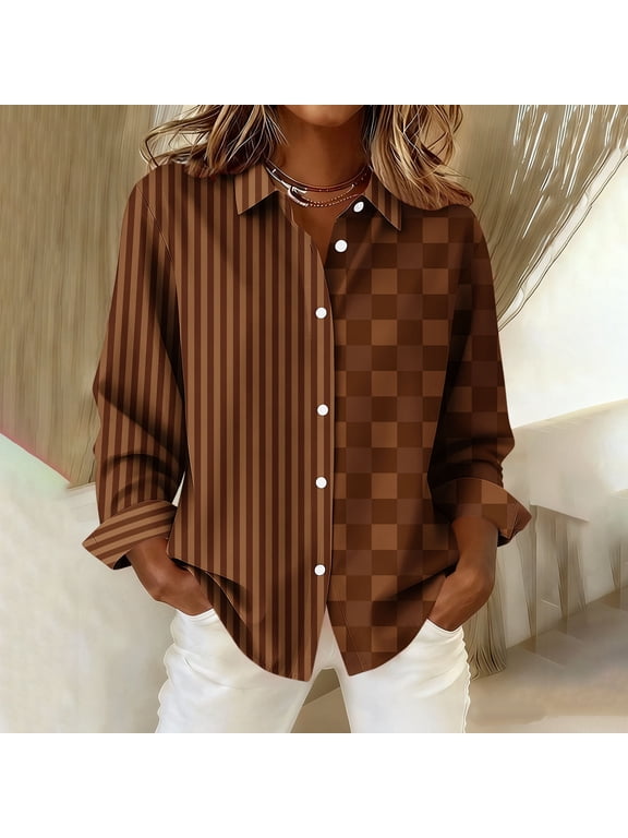 Button down Shirt Women Long Sleeve Blouses Striped Collared Tops Loose Trendy Fall Clothes for Work Brown M