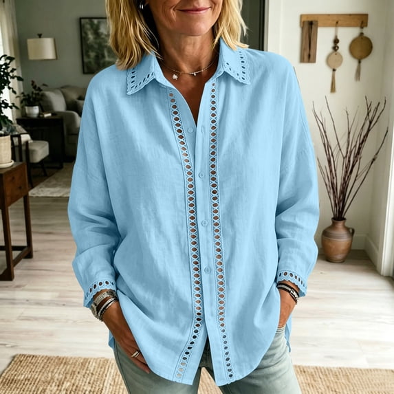CLOISE Button down Shirt Women Long Sleeve Plus Size Lace Blouses Solid Color Collared Tops Cut Out Loose Casual Fall Clothes for Work Light Blue XL