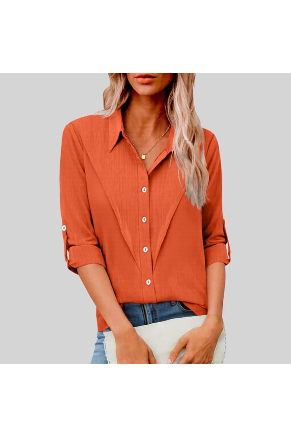 Button down Shirt Women Long Sleeve Plus Size Tops Tunic Collared Elegant Pullover Solid Color Loose Blouses Orange