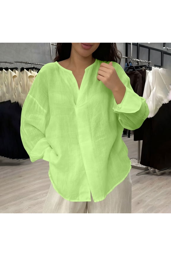 Button down Shirt Women Long Sleeve Plus Size Tops V Neck Casual Pullover Linen Solid Color Blouses Green L