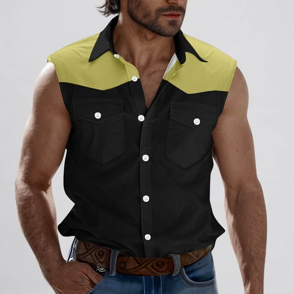 CLOISE Button down Shirts for Men Big and Tall Sleeveless Tops with Pockets Collared Casual Pullover Print Summer Blouses Yellow