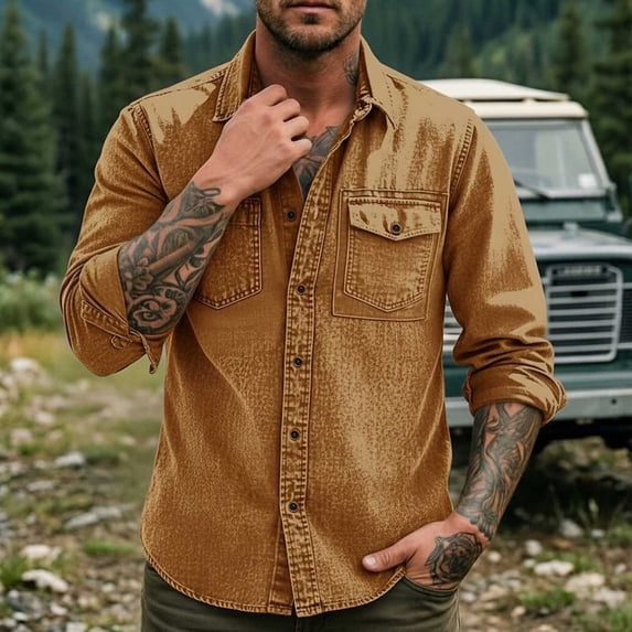 CLOISE Button down Shirts for Men Long Sleeve Big and Tall Blouses Solid Color Collared Tops Loose Business Fall Clothing Pockets for Work Khaki 2XL