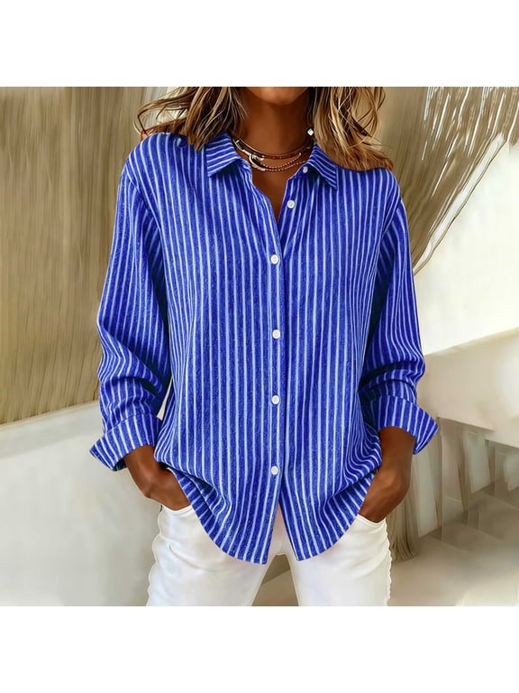 Button down Shirts for Women Long Sleeve Blouses Striped Collared Tops Loose Trendy Fall Clothing for Work Blue XL