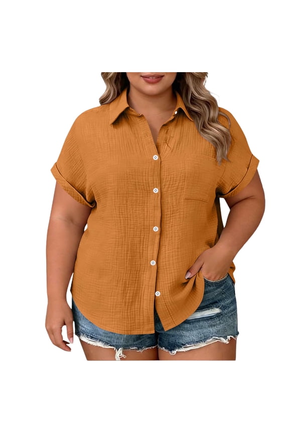 Button down Shirts for Women Plus Size Short Sleeve Plus Size Tops with Pockets Collared Casual Pullover Solid Color Summer Blouses Orange