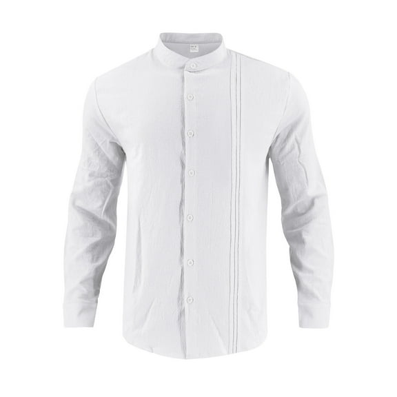CLOISE Button up Shirt Men Mock Neck Tops Solid Color Long Sleeve Pullover Cotton Linen Outfits Clothes White S