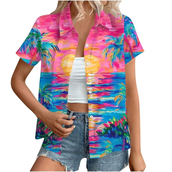 CLOISE Button up Shirt Women Plus Size Hawaiian Short Sleeve Plus Size Tops Tunic Collared Casual Pullover Palm Frond Oversized Beach Wear Multicolor