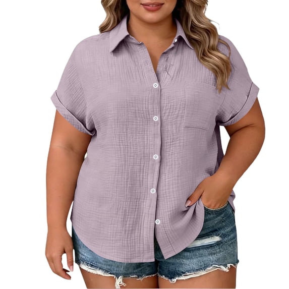 CLOISE Button up Shirts for Women Short Sleeve Plus Size Tops with Pockets Collared Casual Pullover Solid Color Summer Blouses Purple