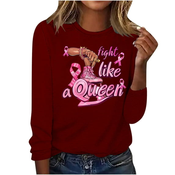 CLOISE Cancer Shirts for Women Long Sleeve Round Neck Tee Shirts Ribbon Pink Breast Cancer Survivor Gifts Blouses Trendy Comfortable Tops Cancer Support Fall Clothes Wine 2XL