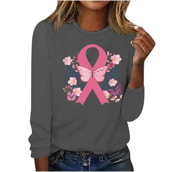 CLOISE Cancer Shirts for Women Long Sleeve Round Neck Tee Shirts Butterfly Ribbon Pink Breast Cancer Awareness Blouses Trendy Comfy Tops Cancer Fight Fall Clothes Gray XL