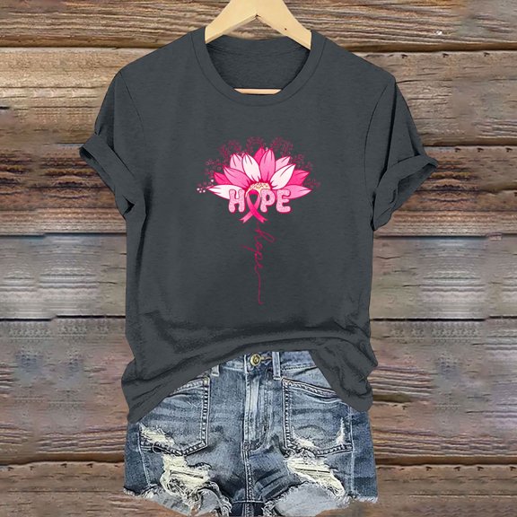 CLOISE Cancer Shirts for Women Short Sleeve Crewneck Tee Shirts Hope Ribbon Oversized Breast Cancer Support Tops Cute Loose Tshirts Cancer Awareness Outfits Gray XL