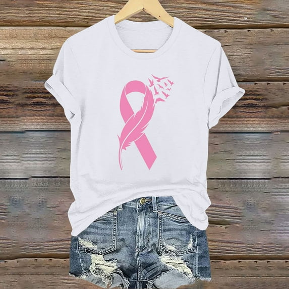 CLOISE Cancer Shirts for Women Short Sleeve Crewneck Tee Shirts Ribbon Oversized Breast Cancer Support Tops Cute Casual Tshirts Cancer Awareness Outfits White S