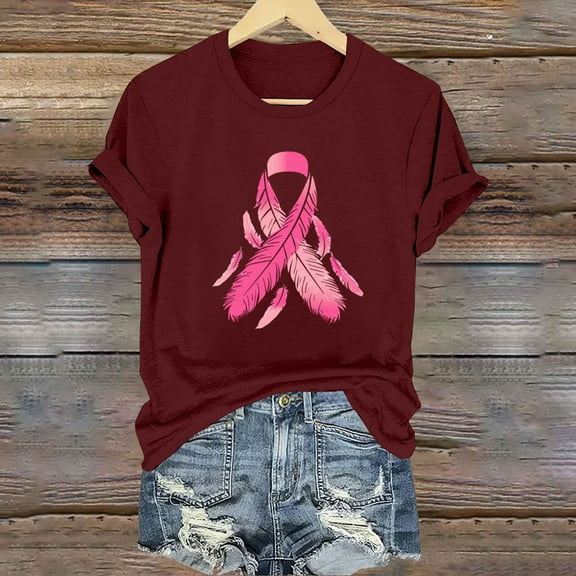CLOISE Cancer Shirts for Women Short Sleeve Crewneck Tee Shirts Ribbon Oversized Breast Cancer Support Tops Cute Comfortable Tshirts Cancer Awareness Outfits Wine M