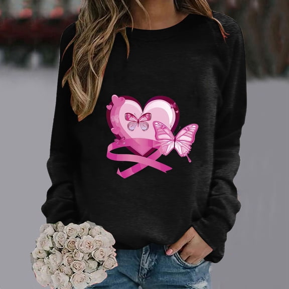 CLOISE Cancer Sweatshirt Women Breast Cancer Awareness Sweatshirt Heart Ribbon Pink Crewneck Long Sleeve Shirts Cancer Fight Blouses Comfy Pullover Tops Fall Clothes Black M