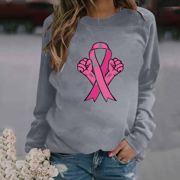 CLOISE Cancer Sweatshirt Women Breast Cancer Awareness Sweatshirt Ribbon Pink Crewneck Long Sleeve Shirts Cancer Fight Blouses Comfy Pullover Tops Fall Clothes Gray M