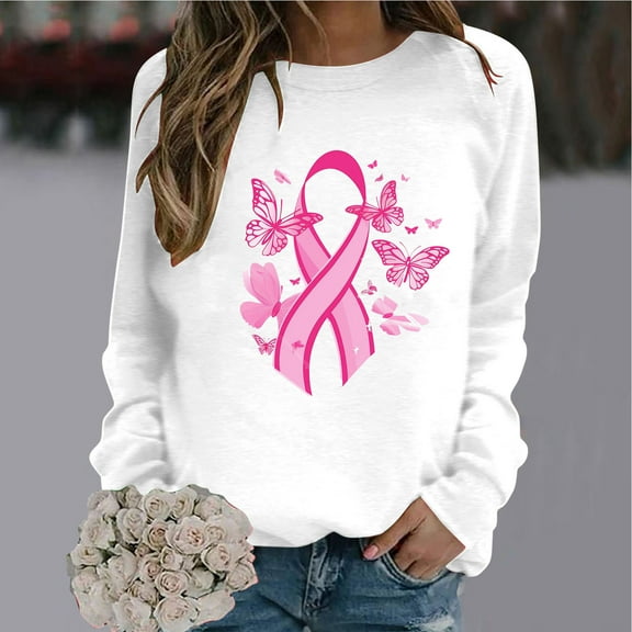 CLOISE Cancer Sweatshirt Women Breast Cancer Awareness Sweatshirt Butterfly Ribbon Pink Round Neck Long Sleeve Shirts Cancer Fight Blouses Comfy Pullover Tops Clothes White 2XL