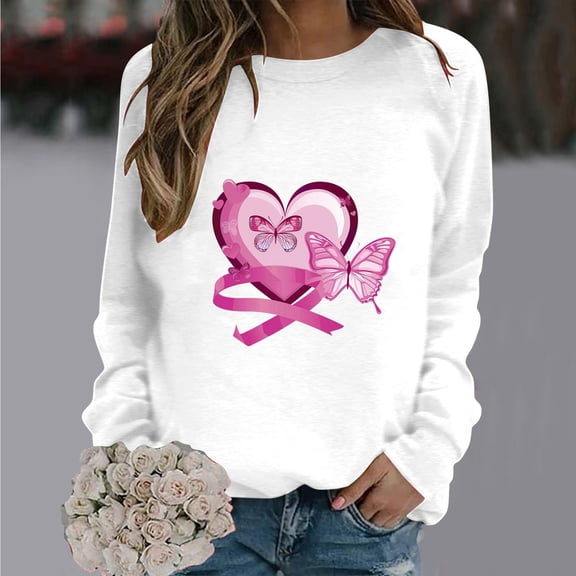 CLOISE Cancer Sweatshirt Women Breast Cancer Awareness Sweatshirt Heart Ribbon Pink Round Neck Long Sleeve Shirts Cancer Fight Blouses Comfy Pullover Tops Clothes White M