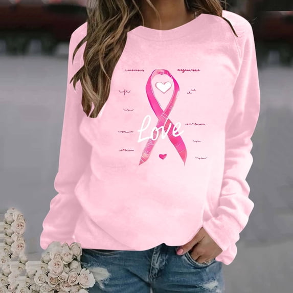 CLOISE Cancer Sweatshirt Women Breast Cancer Awareness Sweatshirt Love Ribbon Pink Crew Neck Long Sleeve Shirts Cancer Fight Blouses Comfy Pullover Tops in October Clothes Pink M