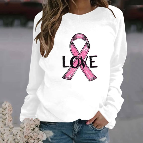 CLOISE Cancer Sweatshirt Women Breast Cancer Awareness Sweatshirt Love Ribbon Pink Crew Neck Long Sleeve Shirts Cancer Fight Blouses Comfy Pullover Tops in October Clothes White 2XL