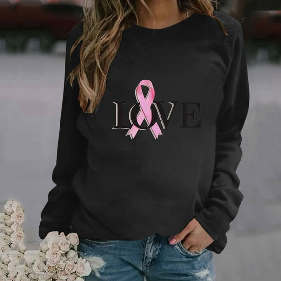 CLOISE Cancer Sweatshirt Women Breast Cancer Awareness Sweatshirt Love Ribbon Pink Round Neck Long Sleeve Shirts Cancer Fight Blouses Comfy Pullover Tops Clothes Black L