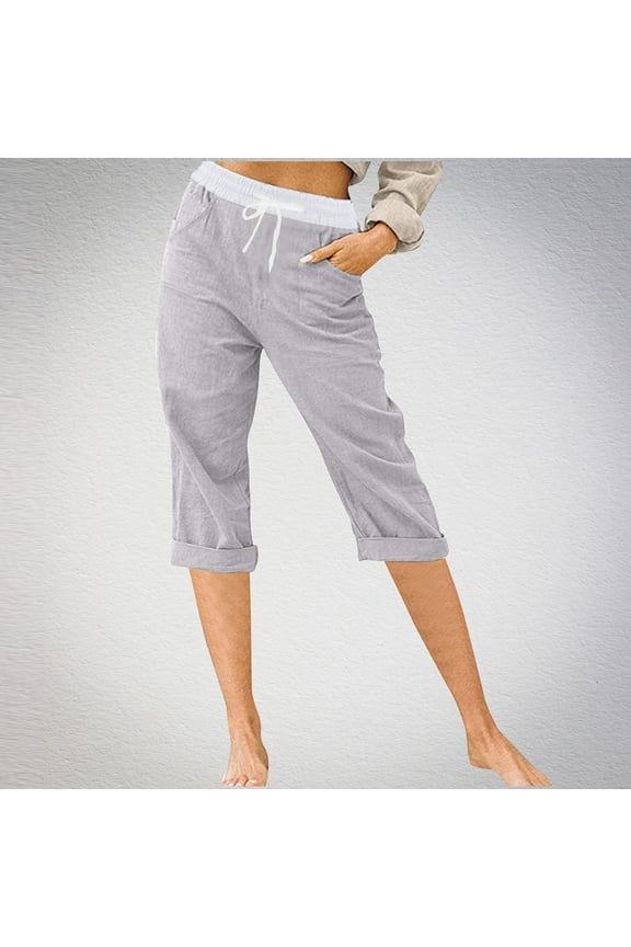 Capri Pants for Women Athletic Cotton Linen Capris With Pockets Stretch High Waisted Cropped Pants Straight Pull On Capri Pants Elastic Waist Lounge Capris Drawstring Soft Yoga Trousers Gray
