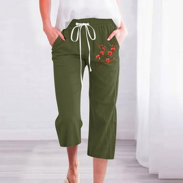 CLOISE Capri Pants for Women Athletic With Pockets Cotton Linen Capris Lounge Elastic Waist Capris Pants Pull On Drawstring Cropped Pants Casual Straight Trousers Summer Floral Print Pants Army Green