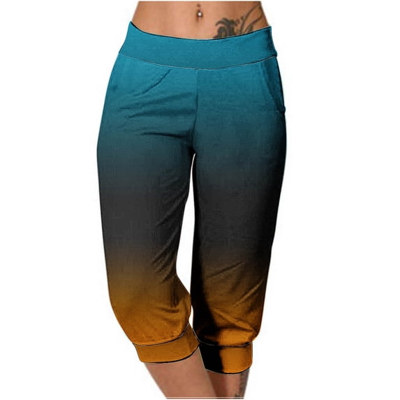 CLOISE Capri Pants for Women Athletic Stretch Capris Joggers With Pockets Soft Elastic Waist Running Petite Capri Sweatpants Pull On Capri Lounge Pants Gradient Color Casual Yoga Capris Orange