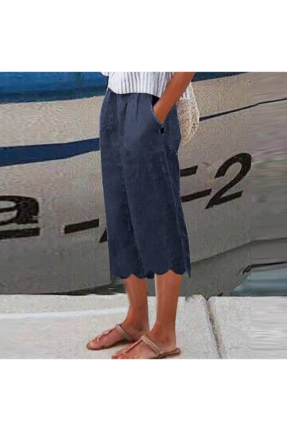 Capri Pants for Women With Pockets Capri Pants Pull On Stretch Capris Casual Mid Rise Capris Pull On Capri Palazzo Pants Summer Comfy Loose Cropped Pants Solid Dark Blue
