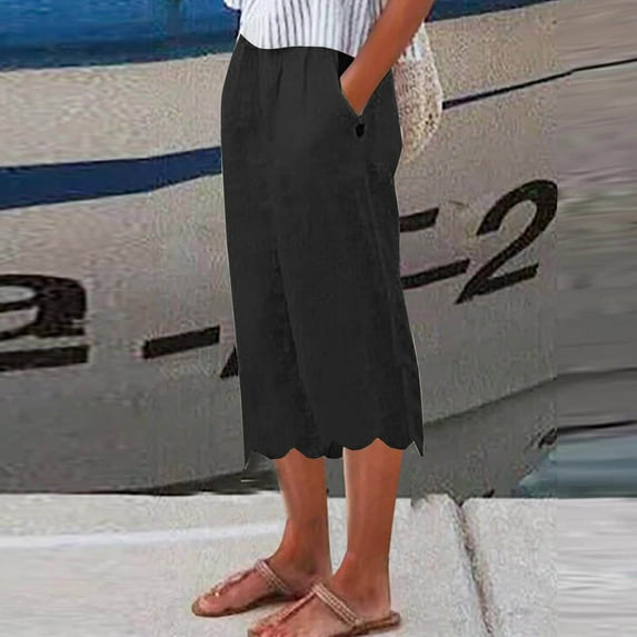 CLOISE Capri Pants for Women With Pockets Capri Pants Pull On Stretch Capris Casual Mid Rise Capris Pull On Capri Palazzo Pants Summer Comfy Loose Cropped Pants Solid Black