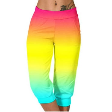 CLOISE Capri Pants for Women with Pockets Stretch Leggings Elastic Waisted Yoga Pants Summer Casual Fashion Multi Colored Lightweight Cropped Sweatpants Multicolor XL