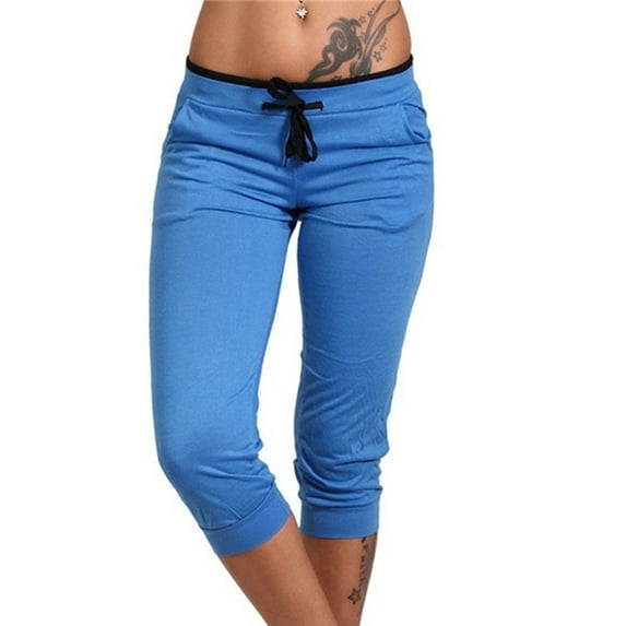 CLOISE Capri Pants for Women with Pockets Stretch Leggings Elastic Waisted Yoga Pants Petite Summer Casual Fashion Solid Lightweight Cropped Sweatpants Blue S