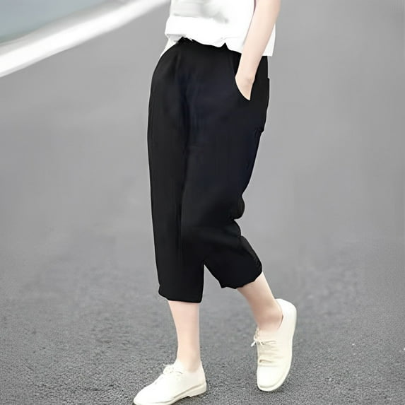 CLOISE Capri Pants for Women with Pockets Stretch Wide Leg Pants Elastic High Waisted Palazzo Pants Linen Petite Summer Casual Fashion Solid Loose Lightweight Cropped Trousers Black XL