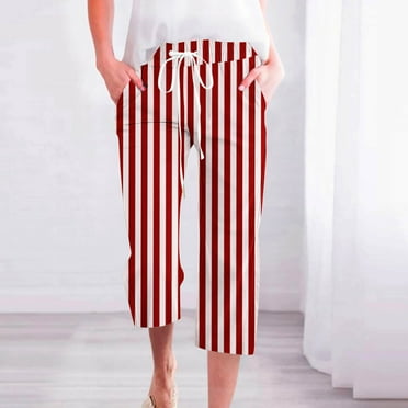 CLOISE Capri Pants for Women with Pockets Stretch Wide Leg Pants Elastic High Waisted Palazzo Pants Petite Summer Casual Fashion Striped Pants Loose Lightweight Cropped Flowy Trousers Red XL