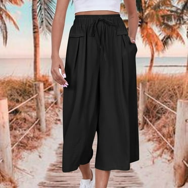 CLOISE Capri Pants for Women with Pockets Stretch Wide Leg Pants Elastic High Waisted Palazzo Pants Summer Casual Fashion Solid Loose Lightweight Cropped Flowy Trousers Black XL