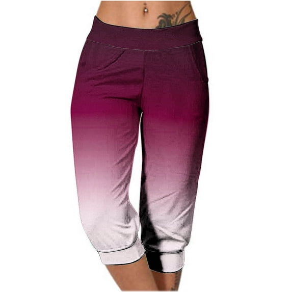 CLOISE Capri Pants for Women With Pockets Workout Capris Lounge Joggers Pull On Elastic Waist Sweatpants Athletic Cropped Pants Soft Stretchy Yoga Capris Gradient Color Red
